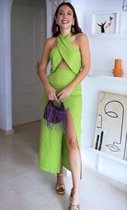 ZARA WOMAN NEW LIME LINEN BLEND CUT-OUT HALTER DRESS SIZE L - Picture 1 of 20