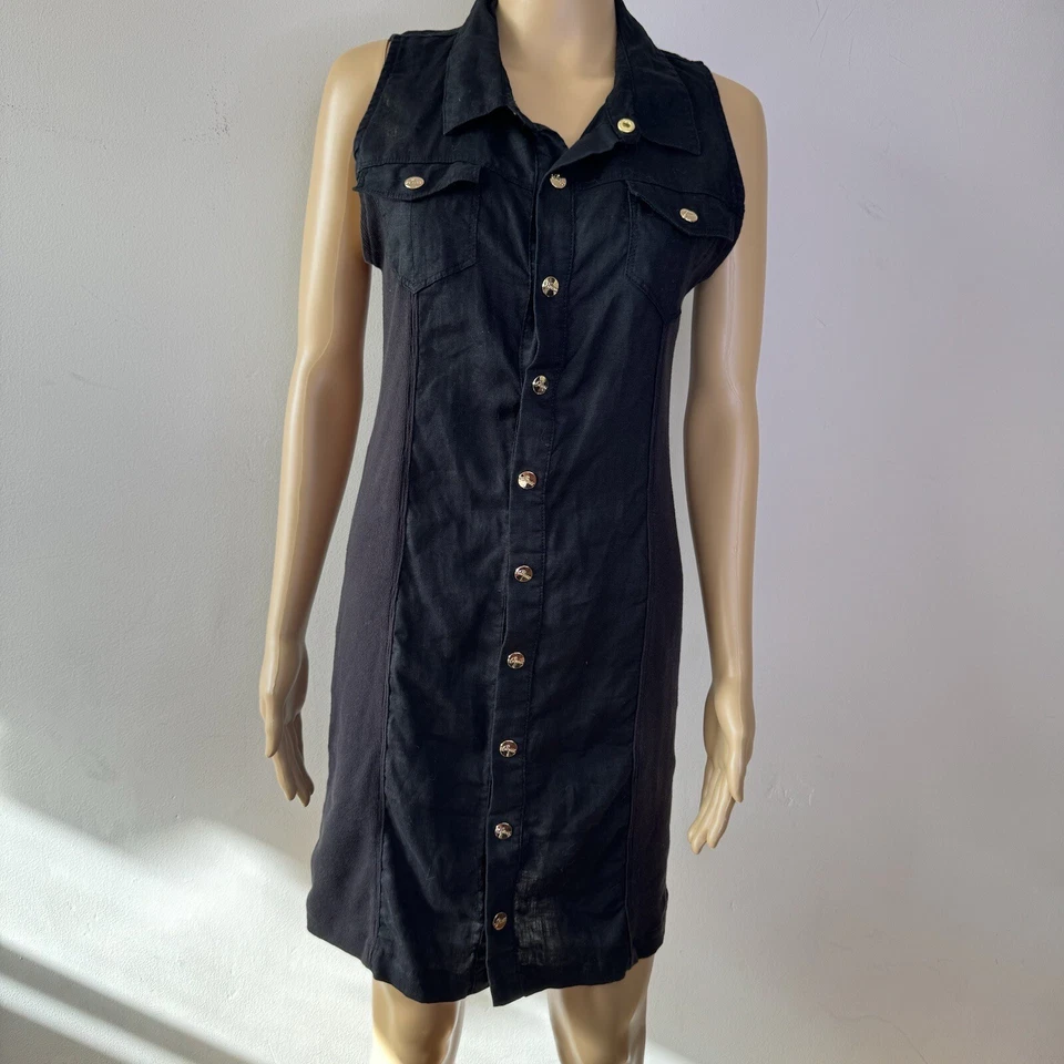 Vestido recto de lino negro GUESS de colección logotipo dorado broches de presión elástico caprichoso Y2K años 90 L Foto 1 de 4
