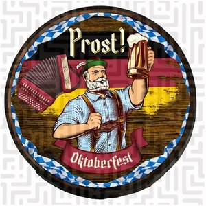Oktoberfest Beer Sign German Flag Prost Biergarten Man Cave Wooden Barrel Head - Picture 1 of 8