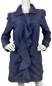 Judy Crowell Rain Coat Ruffled Front Collar Zipper Snaps Pockets Lined Blue Sz S - Picture 1 of 9