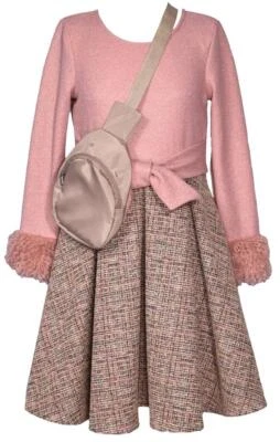 NUEVO Bonnie Jean Niñas Talla 5 "ROSA CREPÉ BRONCEADO BOUCLE" Vestido Tejido X-Bag Conjunto Nuevo con Etiquetas Foto 1 de 3