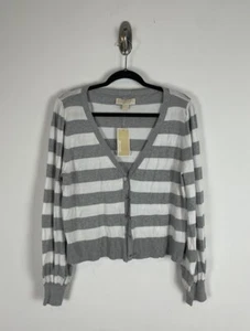 Nuevo con etiquetas Cárdigan Suéter Michael Kors Talla Grande Gris Blanco Rayas Manga Abullonada - Imagen 1 de 10