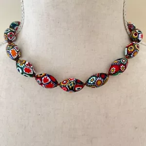 Vintage Venetian Murano Moretti Millefiori Glass Oval Bead Choker Necklace 16" - Picture 1 of 6
