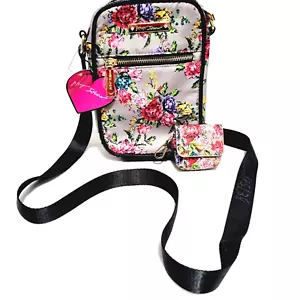 Betsy Johnson Crossbody Bag Satchel Handbag Grey Floral with Coin Purse Zip Up - Picture 1 of 24