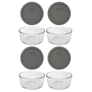 Pyrex (4) 7201 4-Cup Glass Bowls & (4) 7201-PC Puddle Gray Lids - Picture 1 of 5