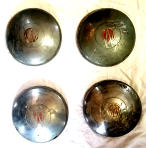 Complete SET of 4 Willy Jeep Jeepster OEM Red Center Silver Chrome Hub Cap 10.5" - Picture 1 of 12