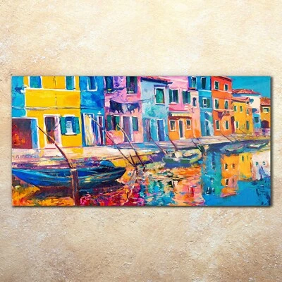 Wandbilder Glasbild Druck auf Glas 140x70 kunst Stadtgebäude Wasser boote Dorf - Bild 1 von 4