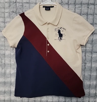 Ralph Lauren Sport Big Pony Polo Boys Large Shirt Diagonal Stripe White Red Blue - Image 1 of 4