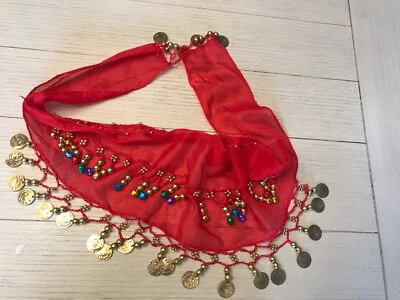 "Bufanda de cadera de danza del vientre o griega niñas monedas de oro rojo campanas multicolores 33""" Foto 1 de 3