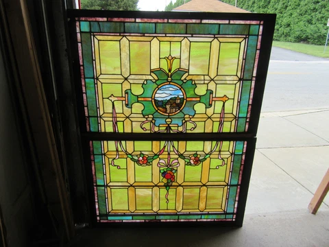 ~ ANTIQUE STAINED GLASS WINDOWS TOP AND BOTTOM WITH CASTLE FROM PHILLIPS OCMD Cover