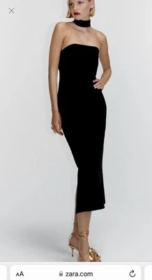 ZARA Drapiertes Kleid Mit Chocker Damen Dress Midi Gr. XS Schwarz Silvester - Bild 1 von 4