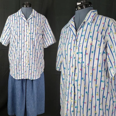 De Colección Cabin Creek Blanco Abotonado con Rayas Azules y Flores Multicolores Talla L Foto 1 de 4