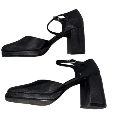 Y2K Bratz Women's Black Satin Block-Heeled Mary Janes 6.5 Ankle Strap Shoes NOS - Image 1 of 4