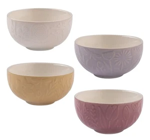 Set Of 4 Ceramic Bowls Embossed Floral Foliage Serving Salad Fruit Rice Ramen - Picture 1 of 9
