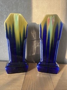 Ensemble de 2 Vases Art Deco Faïencerie Orchies - Faïence Verte Et Bleu Flammée - Foto 1 di 7