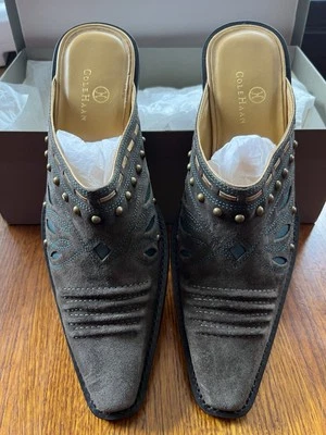 Cole Haan 8.5B Morgen Clog Mule Dk Choc Brown Suede w/ Gold Blue Accents Western - Image 1 of 4