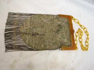 Vintage Micro Bead Metal Beaded Purse Ornate Lucite Top Hand Made Brass Flapper - Image 1 of 4
