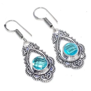 Swiss Blau Topas Edelstein Handgemacht 925 Sterlingsilber Schmuck Ohrring 4.2cm - Bild 1 von 1