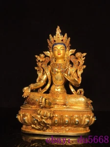 12.4"old Tibetan Buddhism bronze Gilt Green Tara Kwan-yin Goddess Buddha Statue - Picture 1 of 9