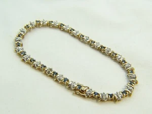Beautiful 10 K 2 Tone Gold Sapphire & Diamond 7” Tennis Bracelet - Picture 1 of 19