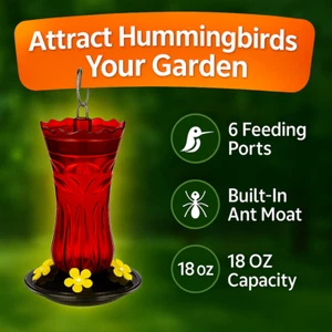 Hummingbird Feeder 18oz Hanging Outdoor Red with 6 Ports Bee Guards Ant Moat - Picture 1 of 10