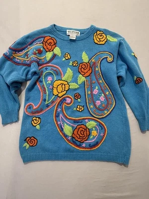 Suéter Vintage Western Connection Mujer Pequeño Azul Paisley Bordado Años 80 S/M Foto 1 de 4