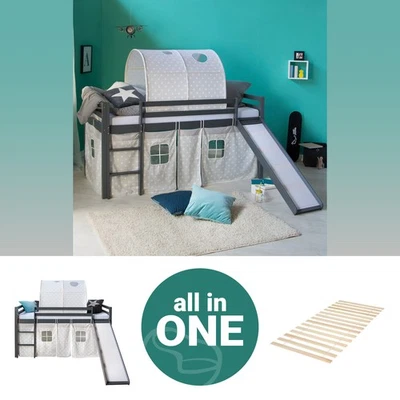 Lit superposé enfant 90x200 toboggan lit mezzanine bois de pin gris Homestyle4u - Photo 1/4