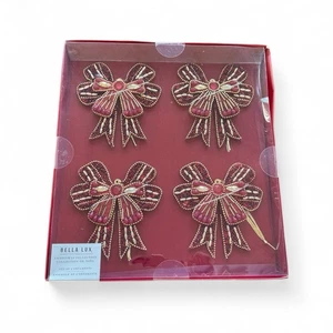 Neu 2025 Bella Lux Weihnachtsschleife Ornament 4 Stck. Rot/Gold Perlen Weihnachtsdeko - Bild 1 von 7