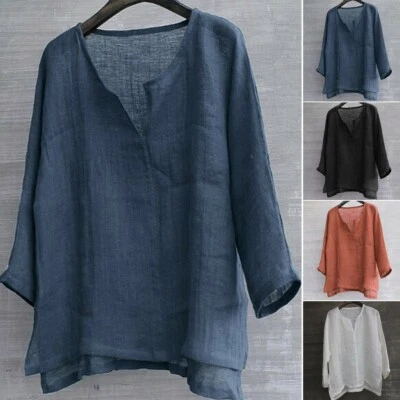 Summer Mens Cotton Linen V Neck T Shirt Long Sleeve Blouse Casual Loose Tops Tee - Image 1 of 4