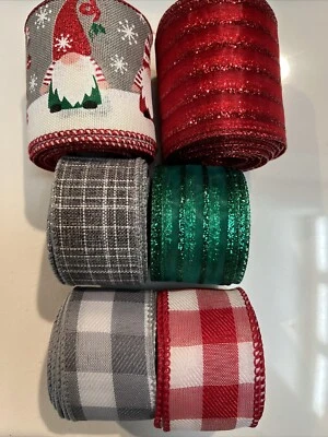 Lot 6 Wired Ribbon 4 Yds Ea Christmas Grey Gnomes & Buffalo Check 2.5 & 1.5” New - Image 1 of 4
