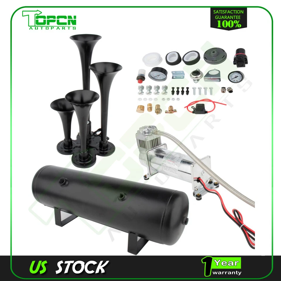 Kit de bocina de tren de 200 psi tanque de aire trompetas fuertes 3 gal 4 para camión coche semirsistema Foto 1 de 4