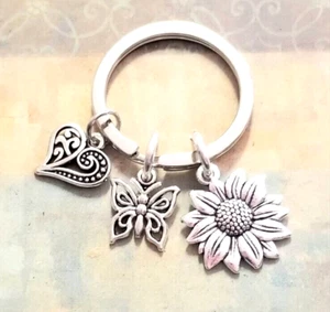 Sunflower Key Ring Sunflower Keychain Sunflower Gifts Sunflowers Butterfly Charm - Picture 1 of 4