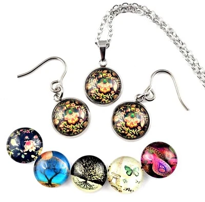 Edelstahl Halskette Anhänger Ohrhänger Set Cabochons 12mm Motiv wählbar SERAJOSY - Bild 1 von 4