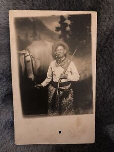 C 1910 RPPC Studio Postcard Wooly Chaps Cowboy Man Cigar Horse Rifle Bandana 