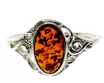 Anello In Argento Sterling 925 Con Design Celtico In Ambra Baltica Cognac M713 - Immagine 1 di 4