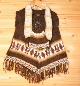 Alpaka Strick Poncho beige braun Inka Lama Peru Kinder Set Mütze Ärmelausschnitt - Bild 1 von 1