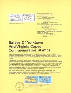 #8130 18c Battles of Yorktown Stamps - Scott #1937-1938 USPS Souvenir Page - Picture 1 of 1
