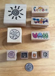 Lot of 9 Rubber Stamps Mayan Sun Celestial Face Sand Dollar Flip Flops Summer - Picture 1 of 10