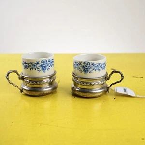 coppia di tazzine in porcellana e peltro vintage - Bild 1 von 5