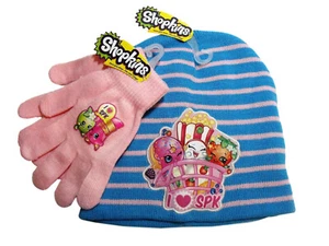 Shopkins Blue Pink Striped Knit Beanie & Pink Gloves Winter Hat Set Kids NWT - Picture 1 of 3