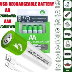 2-4PCS 1.5V 750/2600mWh AA / AAA Battery USB Rechargeable Lithium ion Batteries - Picture 1 of 29