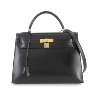 VINTAGE HERMES Kelly 32 2way Hand Shoulder Bag Box calf Black Purse 90281425 - Picture 1 of 11