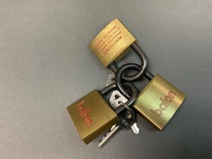Vintage 3 Keyed Alike Brass Baton Padlocks  w/ 5 keys,  High Security. - Picture 1 of 9