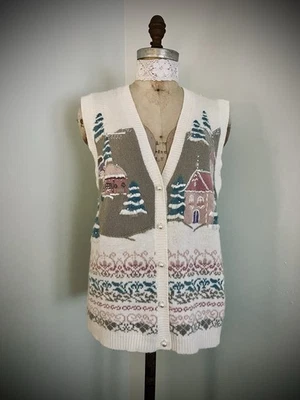 Chaleco Suéter Vintage Valle de Napa Pastel Escena de Navidad Talla M Foto 1 de 4