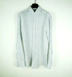 Brunello Cucinelli Shirt Men XL Linen Button Down Long Sleeve Striped Slim Fit L - Picture 1 of 12