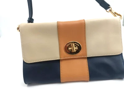Bolso Clutch Spartina 449 Cuero Bloque de Color Tostado Beige Azul Tono Dorado Bloqueo Giratorio Foto 1 de 4