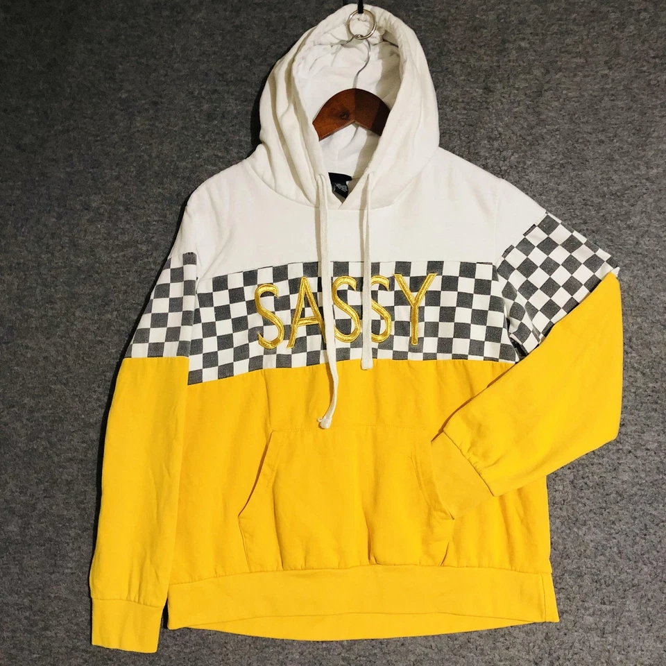 Rue21 Sudadera con Capucha Mujer XL Amarillo Blanco A Cuadros DESACARADO Bordado Pullover Y2k Foto 1 de 4