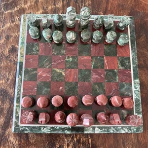 Marble Chess Set Expertly Carved and Polished in Shades of Green and Brown - Picture 1 of 7