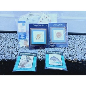 4 new Beach Scene Cross Stitch Small Kits - Dolphin - Peclican - Sea Shells - Picture 1 of 3
