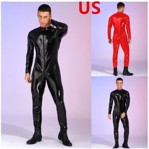 Men's Patent Leather Clubwear Front Zipper Jumpsuit Full Body Leotard Costume - Picture 1 of 29